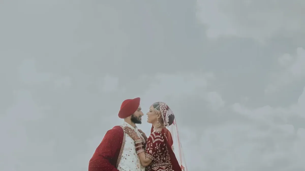Anand Karaj outdoors — the main ceremony of day two. Sikh couple after the ceremony, open sky behind them
