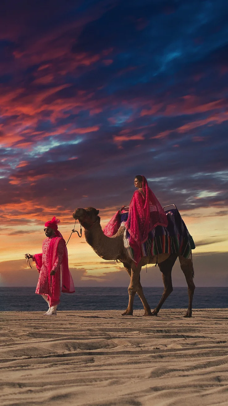 Procesión en camello al atardecer, Los Cabos