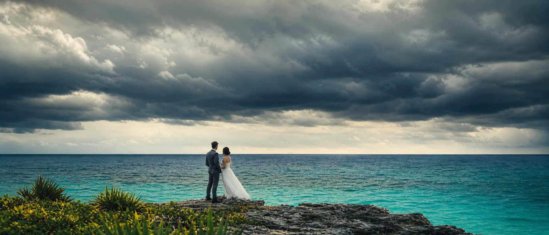 Pareja sobre un acantilado del Caribe bajo un cielo de tormenta