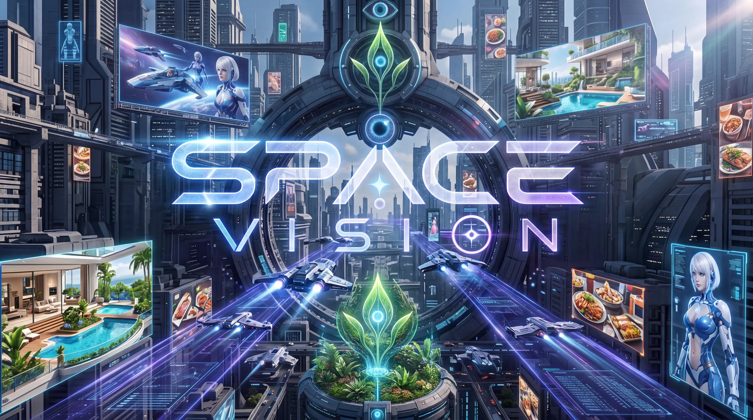Vida civil en una ciudadela de Space Vision: viviendas, comercio y jardines bajo el rótulo monumental