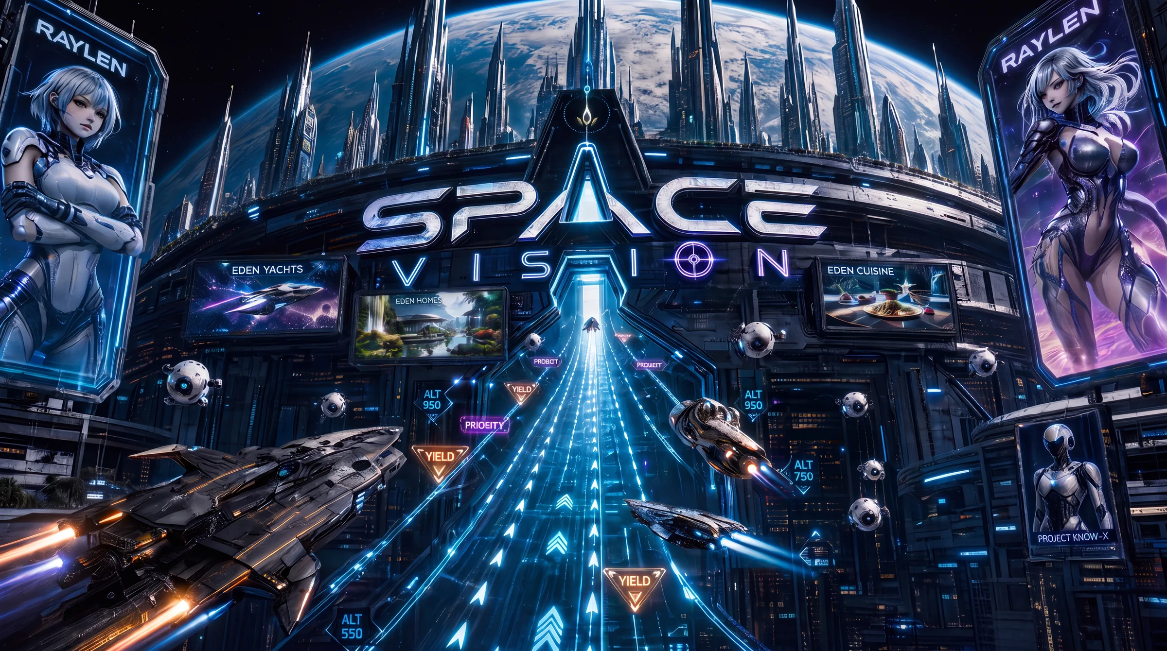 Metrópolis de Space Vision: rótulo monumental y flotas en tránsito orbital