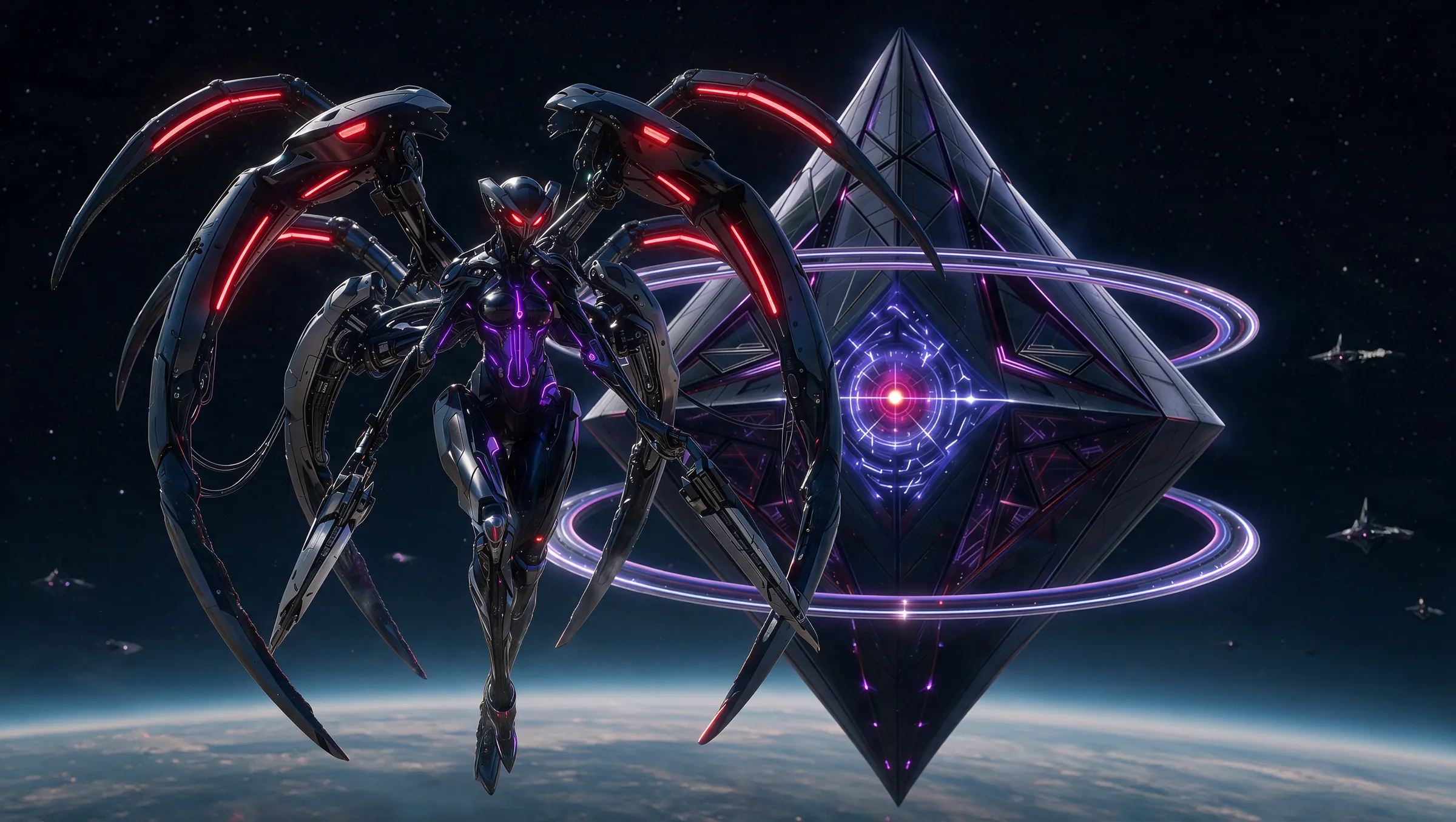 Karath fusionada con el titán arácnido junto a la estructura octaédrica en órbita
